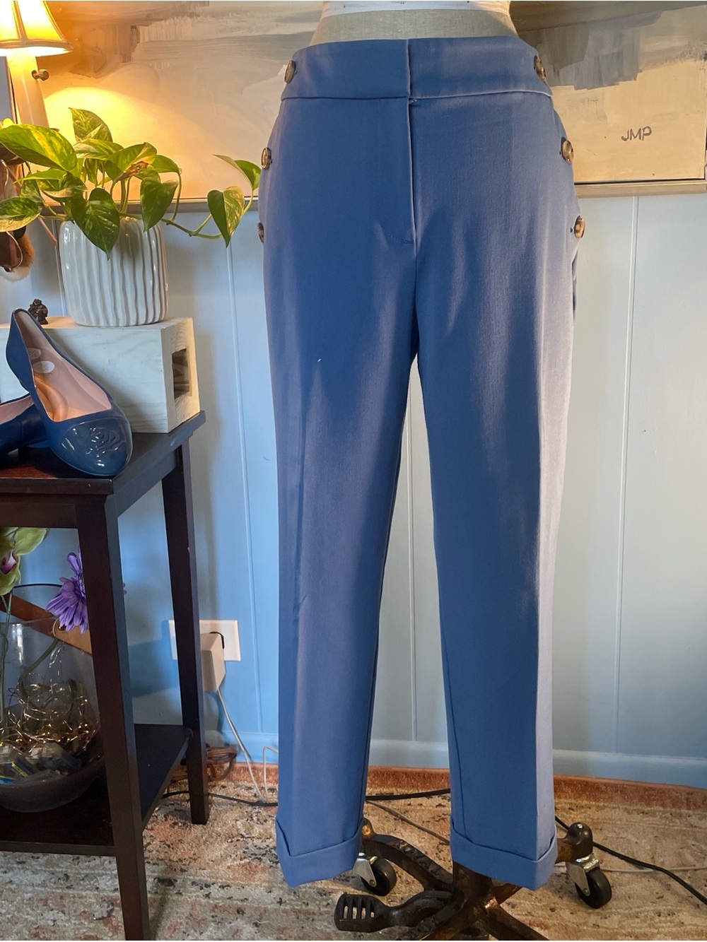 LOFT Blue High-Waist Straight-Leg Trousers with Side Buttons